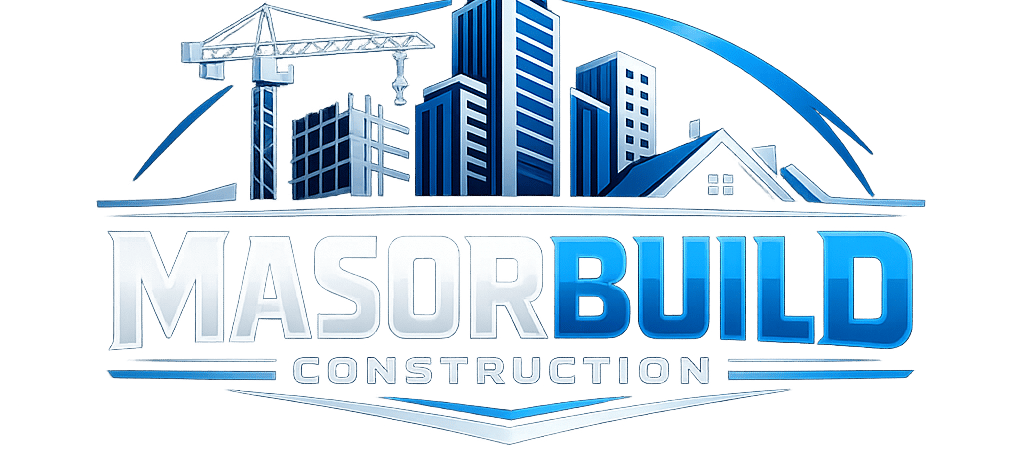 MasorBuild Construction logo featuring blue skyscrapers, a house, and a crane on a black background.