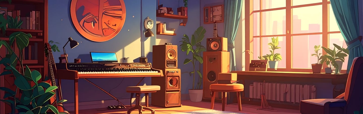 ome studio with keyboard, plants and sunlight — creative ambient workspace.