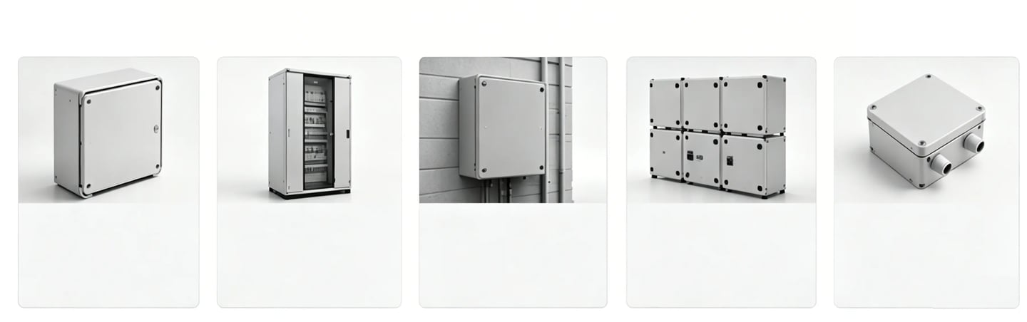 Various industrial electrical enclosures and weatherproof junction boxes for circuit protection.