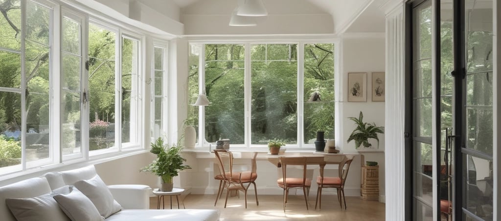 A clean and organized office space with sunlight streaming through large windows