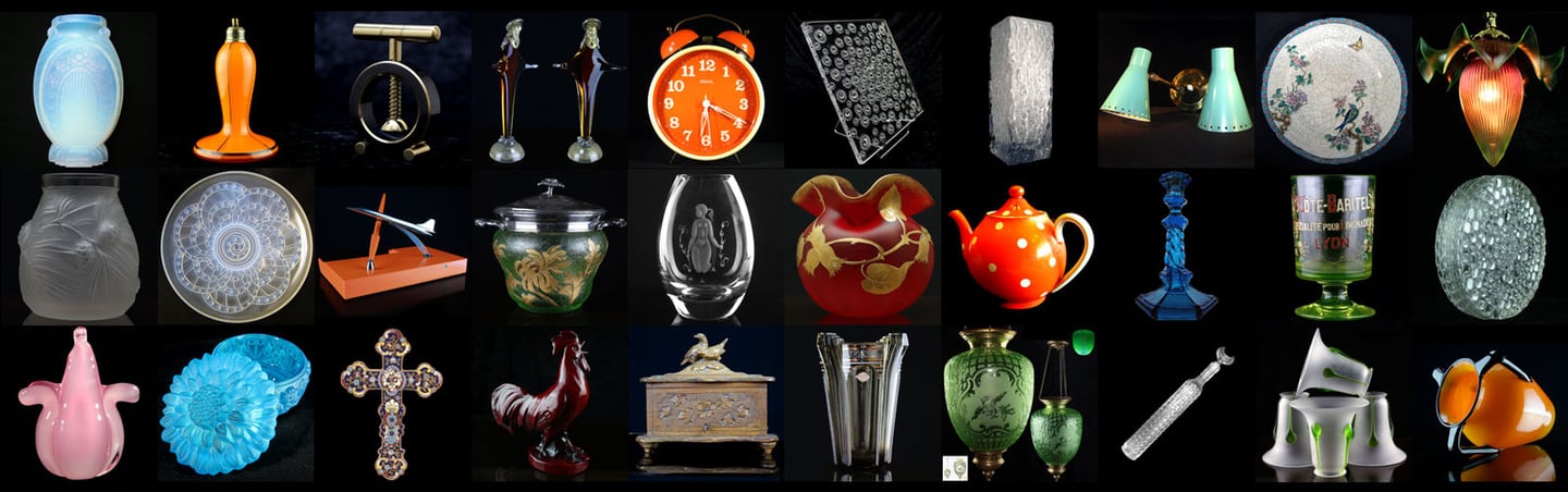 Trente objets vendus, des vases en verre pressé, lampe, coupe, boite, verre, design, 70