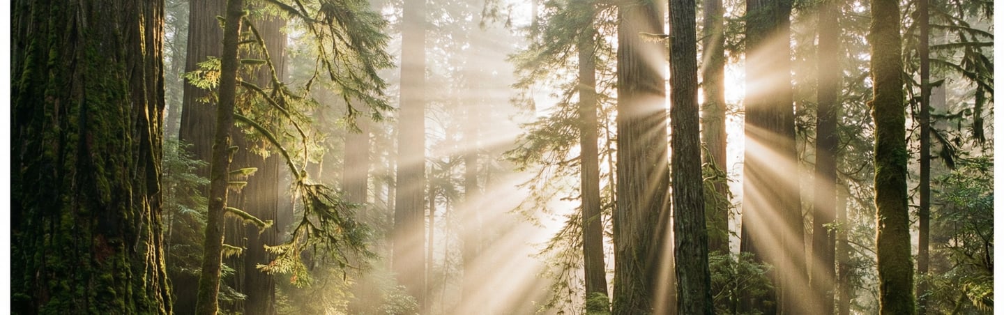 Golden sunbeams shining through a dense forest with morning mist and tall ancient trees.