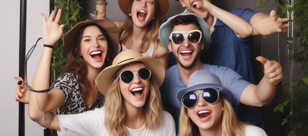 A photo booth in a public space with a bright display on one side showcasing a variety of advertisements and services, including passport and visa photo options. Inside the booth, partially visible legs of a person are seated on a glowing red stool with a curtain drawn partially closed. The booth is positioned against a white wall with fire safety signs nearby.