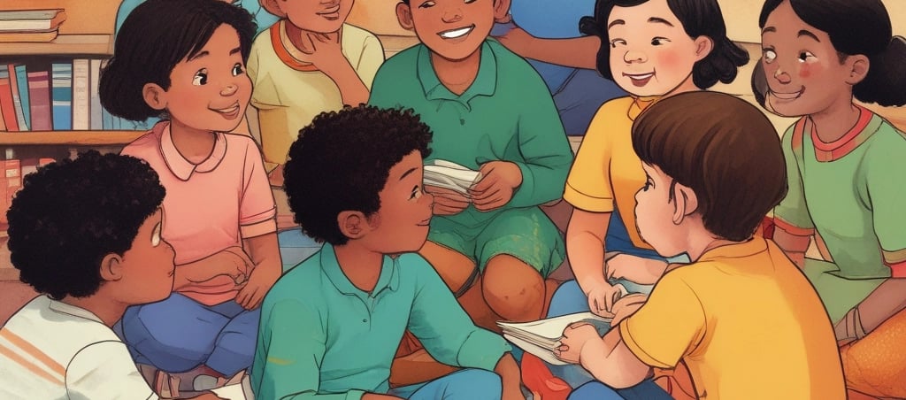 A young child with braided hair sits on a soft, orange armchair, covered with a light, stripy blanket. The child is holding a book titled 'A Storytelling Workbook for Beginners' with a blue cover featuring a heart inside a target graphic. The focus is on the child and the book, with some modern decor visible in the background.