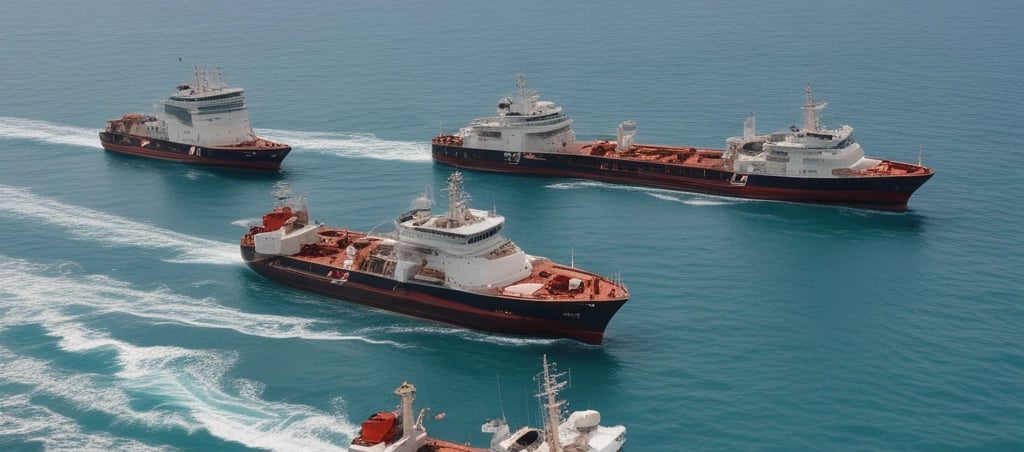 Several large dump trucks and an excavator are operating in an open-pit mine, with dusty and rocky terrain surrounding them. A drilling machine is also visible, indicating active mining activities.