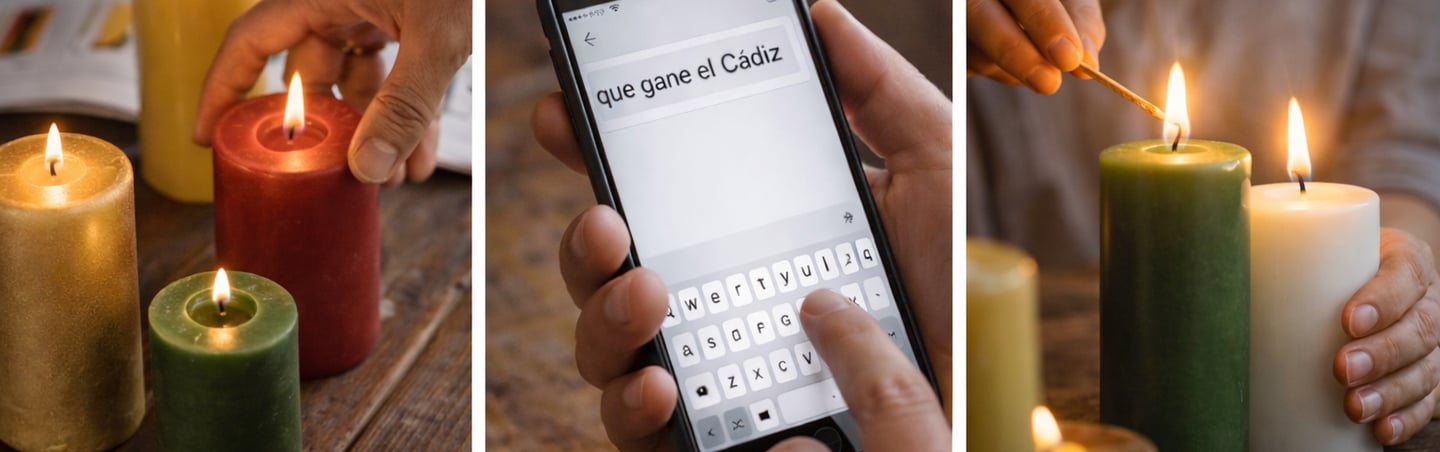 Imagen dividida en 3: 3 velas encendidas, deseo en pantalla de móvil y acto de encidido de vela