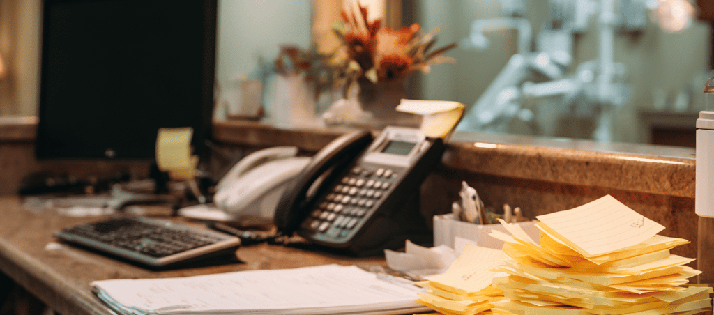 A messy desk with sticky notes