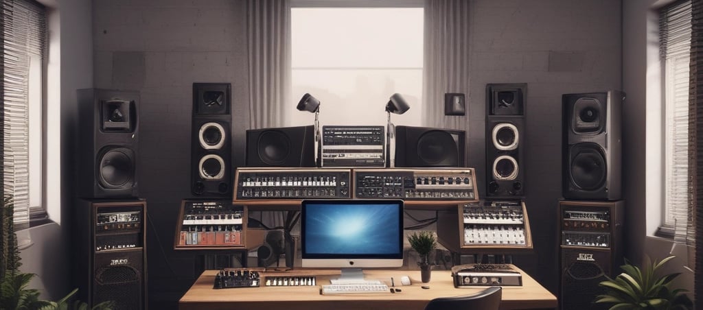 A professional music studio with instruments and sound equipment.