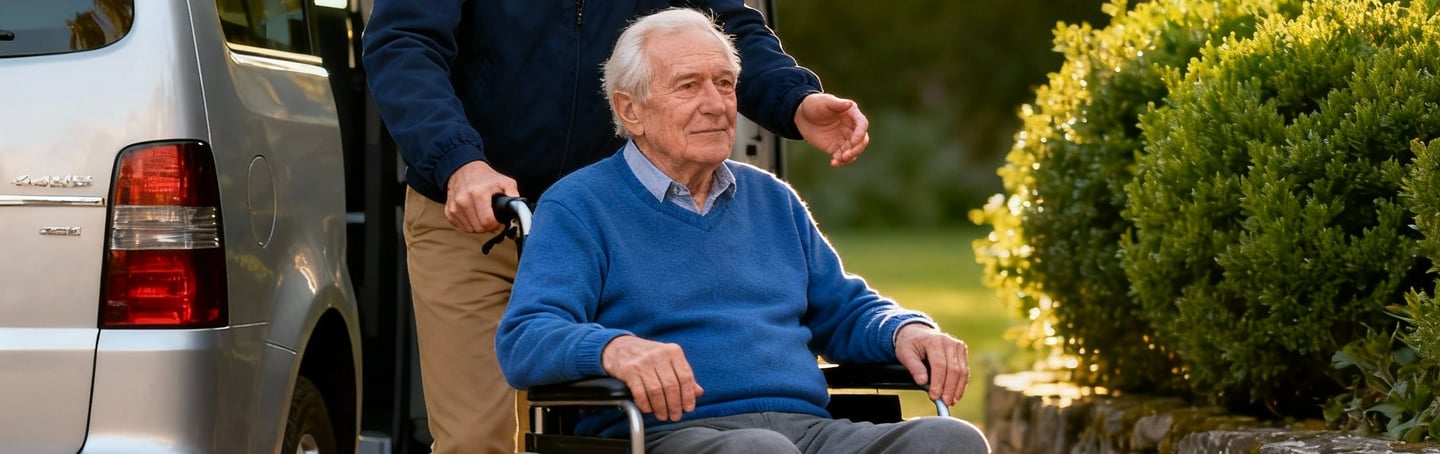 Ben Fahrdienst: Engagierter Fahrer begleitet Kunden im Rollstuhl bis zur Haustür in Berlin.