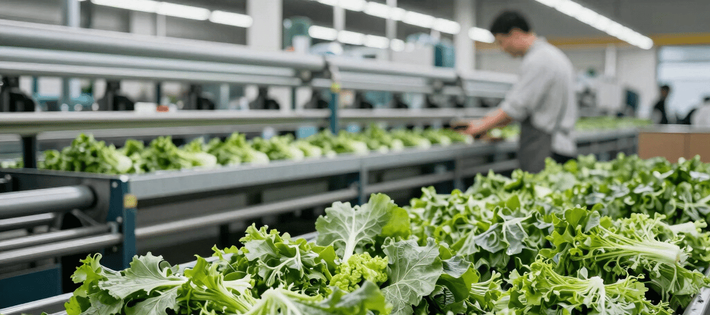 Close-up of healthy green crops growing in neat rows under the sun, symbolizing fresh agro production.