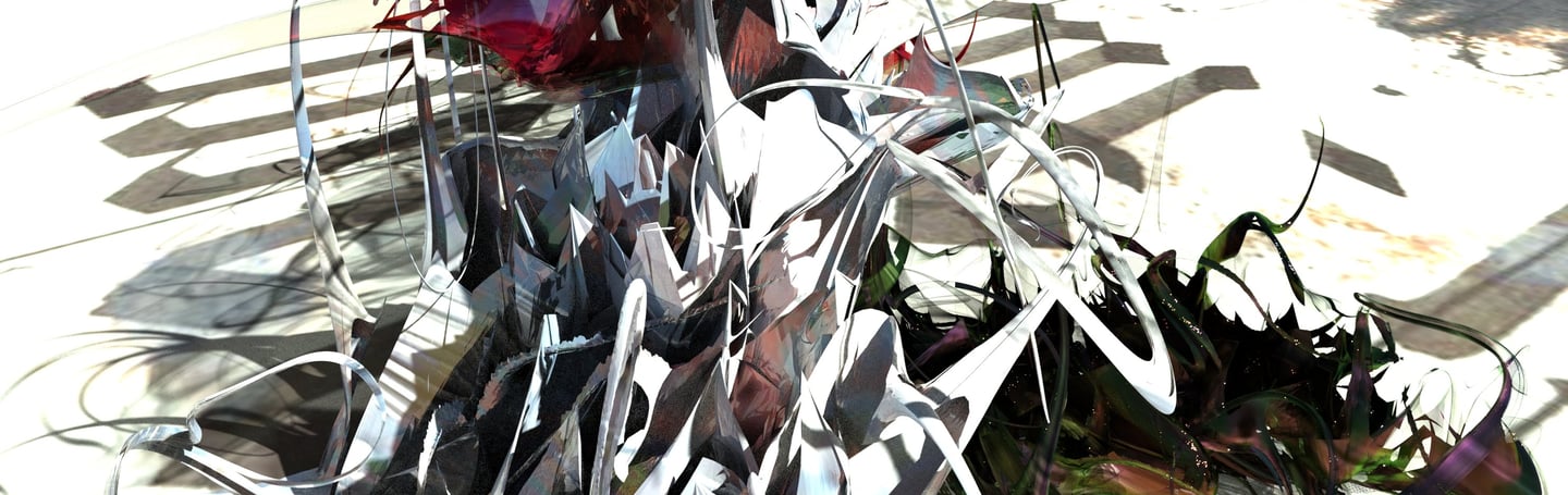 Abstract 3D digital art featuring tangled metallic ribbons and fluid shapes in a sunlit desert landscape.