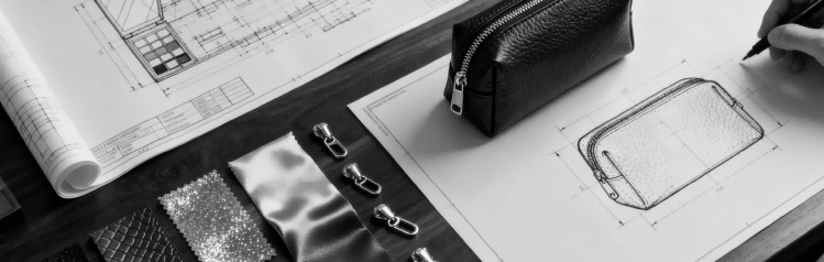 Designer's desk with a blueprint, materials, and the finished custom bag product.