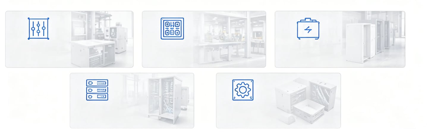Collage of industrial hardware components and automation symbols for power management and server infrastructure.