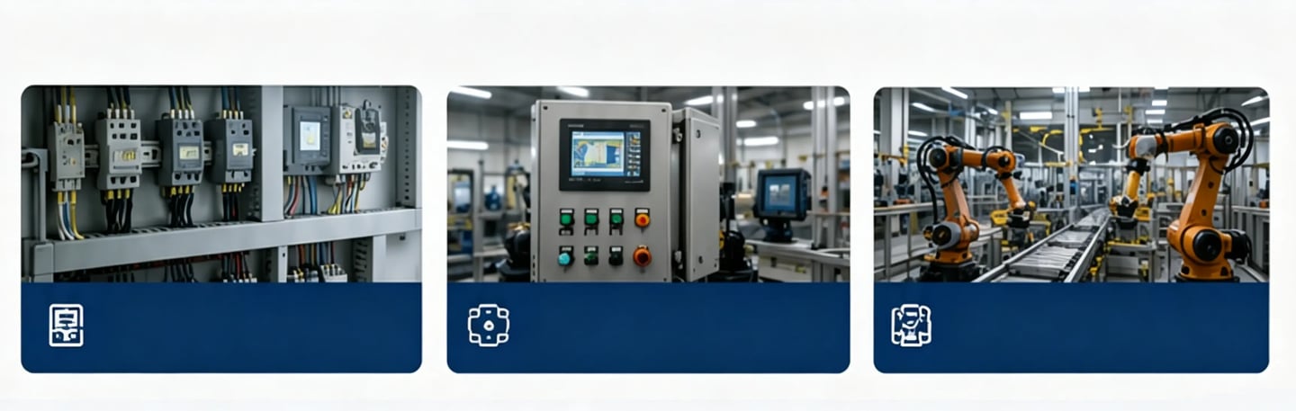 Industrial automation panel, control system monitor, and robotic assembly line in a factory.