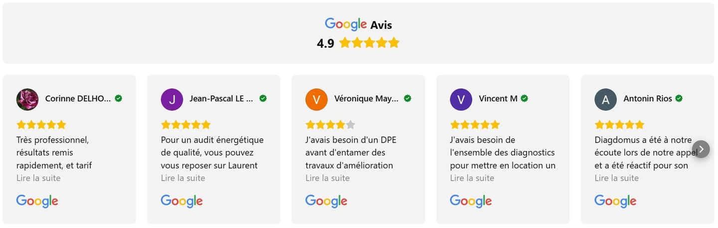 cinq avis Google avec rating global de 4.9 sur 5