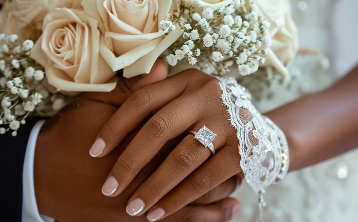 a bride and groom holding hands in a wedding ceremony