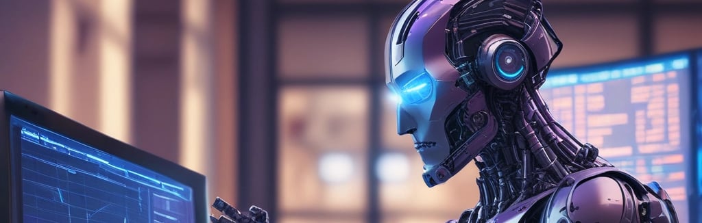 A person holds a smartphone displaying a financial or stock trading app, with detailed graphs and numerical data visible on the screen. In the background, there is a blurred computer monitor and office setting, suggesting a work environment.