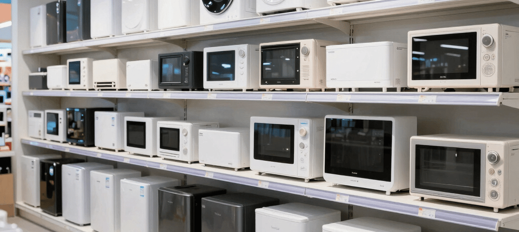 Cozy showroom interior displaying a variety of furniture and electronics under warm lighting.