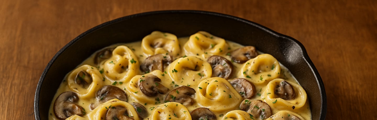 A cast iron skillet filled with creamy mushroom tortellini in a rich garlic-parmesan sauce, garnishe
