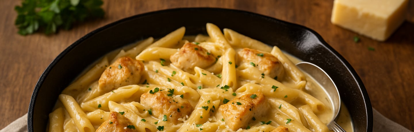 A plate of creamy garlic parmesan chicken pasta garnished with fresh parsley and grated cheese, serv