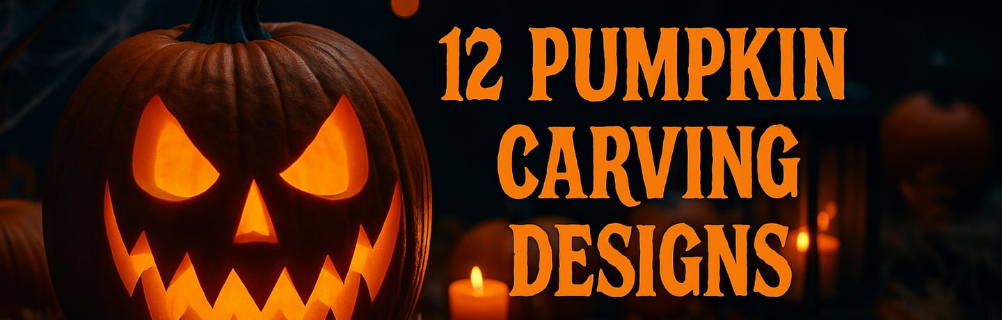 A horizontal Halloween-themed image featuring a glowing carved pumpkin with spooky designs, surround