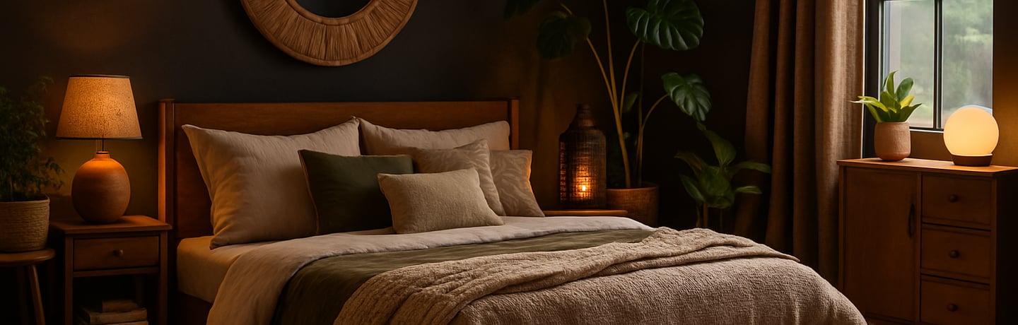 A dark boho bedroom with deep earthy walls, layered neutral bedding, textured pillows, wooden furnit
