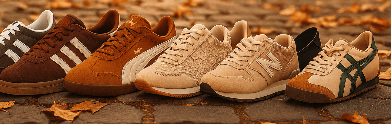 Eight fall sneakers for women under 25 displayed on a cobblestone street with autumn leaves, includi