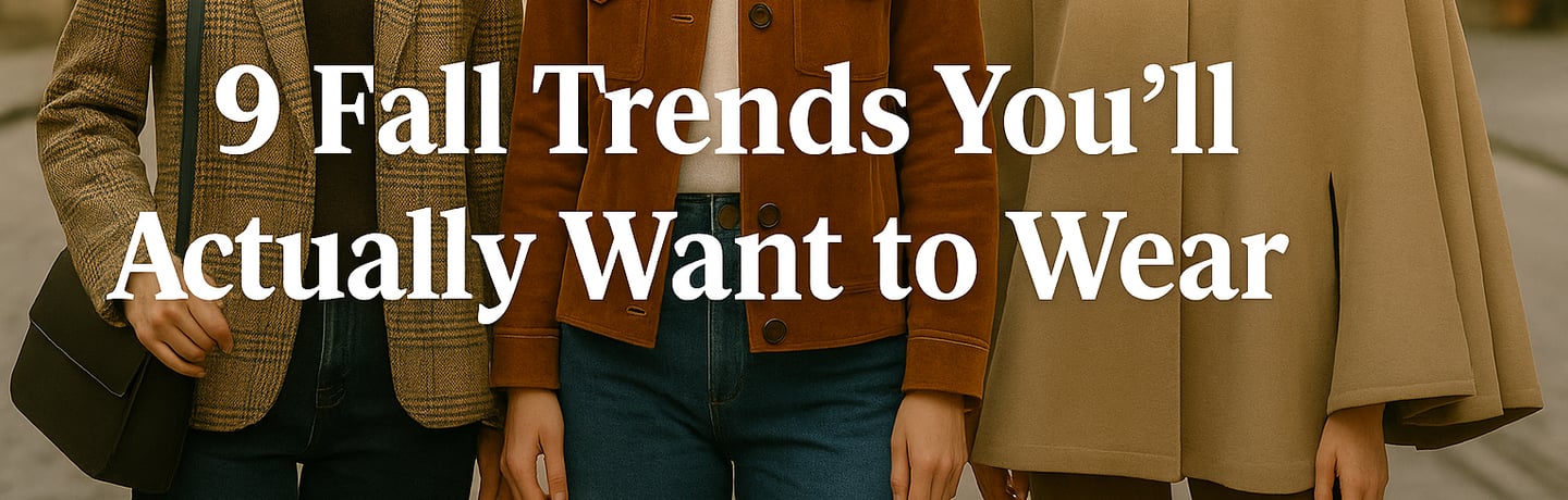 Three stylish women showcase fall fashion trends: one in a dark denim jacket and wide-leg jeans, ano