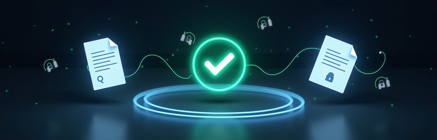 ortada yeşil bir tik işareti ve çöevresinde iki farklı belge