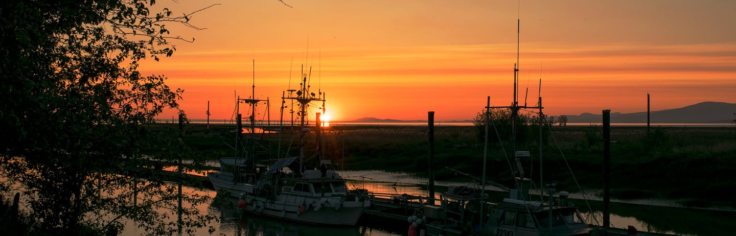 a sunset over a river with boats docked at the dock
