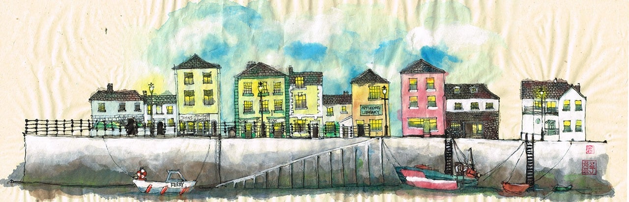 The quay, Appledore | Part 1 of 3 | mixed media on rice paper, a painting of a boat in the water