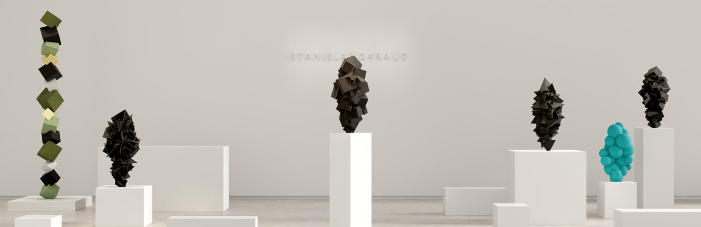 Stanislas Garaud showroom with Pyrite, wulfenite, azurite and Dodecahedron sculptures on white pedestals