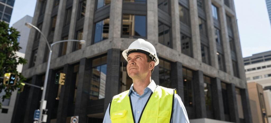 A professional consultant reviewing building plans with a client in a bright office.