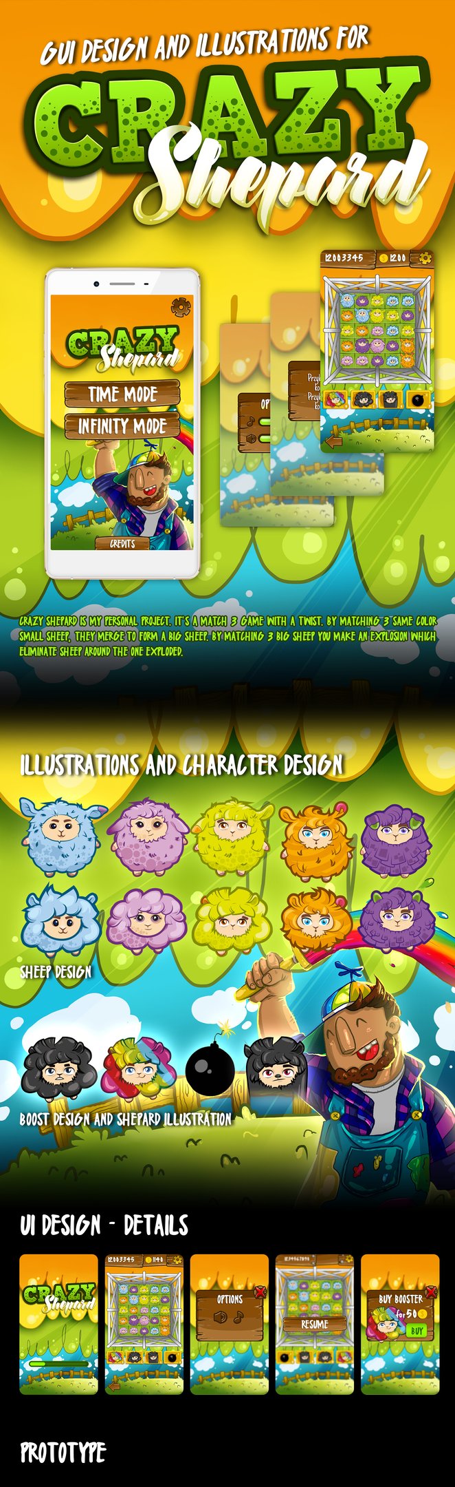 I designed UI, icons and illustrations for this personal project of mine - Crazy Shepard