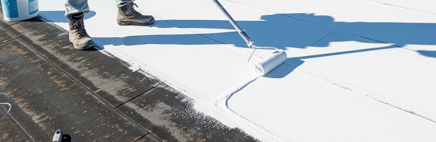 Professional roofer applying waterproof coating with a roller to a flat residential roof.