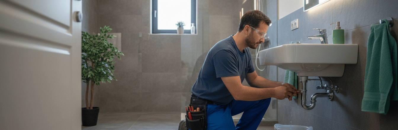 Professional plumber in uniform repairing a leaking sink pipe in a modern bathroom.