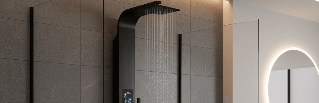 Modern matte black shower panel system with rainfall head and massage jets in a luxury bathroom.