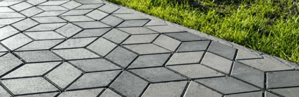 Gray 3D geometric interlocking paving stones installed along a vibrant green grass lawn edge.