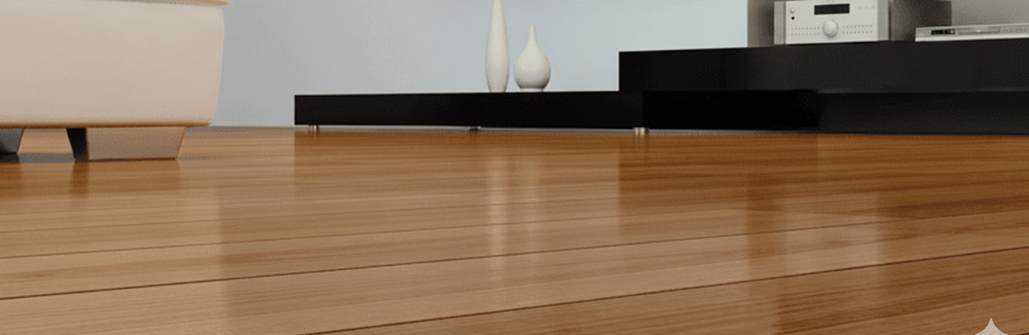 Polished high-gloss hardwood flooring in a modern living room with minimalist furniture.