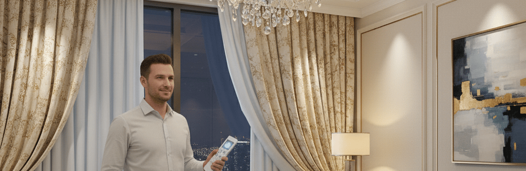 A man uses a smart home remote to control lighting and curtains in a luxury living room.