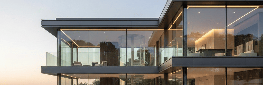 Luxury modern glass villa with an infinity pool and ocean view at sunset, featuring minimalist contemporary architecture.