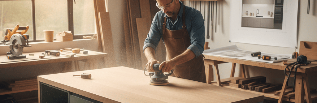Professional carpenter using a power sander on a custom wood kitchen island in a sunlit woodworking shop.