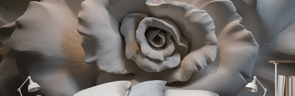 wallpaper a Modern bedroom a 3D floral mural of a white rose behind a cozy bed with neutral linens.