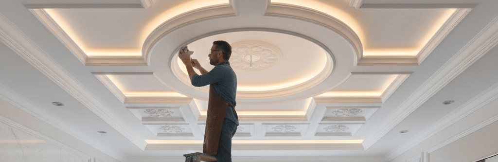 Professional installer finishing a luxury coffered ceiling with integrated LED cove lighting in a modern living room.