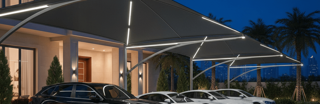 Modern  luxury carport with LED lighting protecting cars parked at a residential villa. park shade