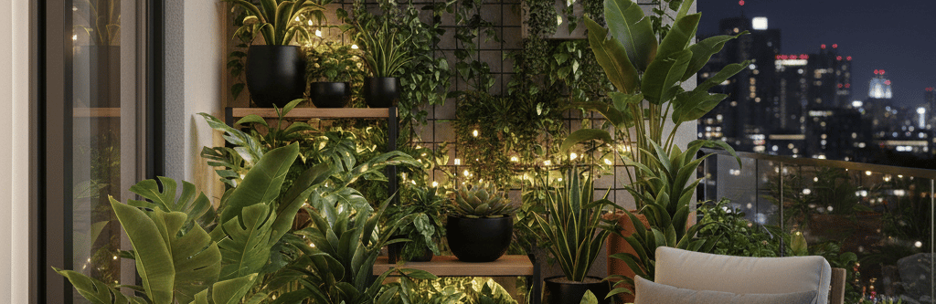 Cozy apartment balcony garden at night featuring lush green plants, string lights, and a modern lounge chair.