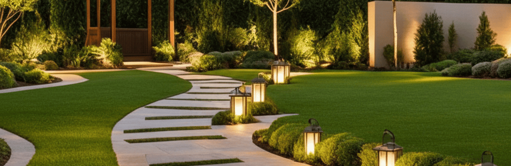 Illuminated garden pathway with modern landscape lighting and a wooden gazebo at twilight.