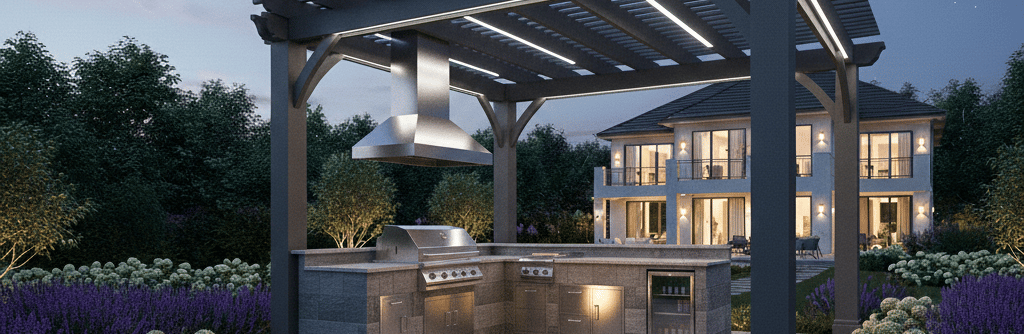 Luxury outdoor kitchen under a modern pergola with stainless steel grill and island lighting at night.