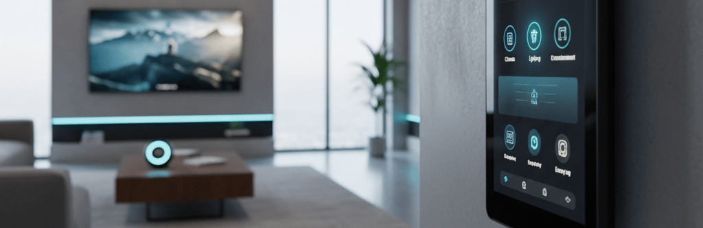 Smart home control panel mounted on a wall in a modern living room with a robot vacuum.