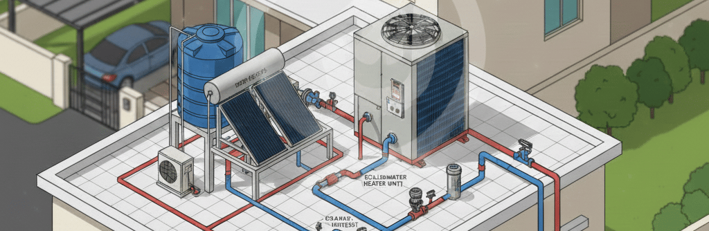 Isometric illustration of a resident HVAC system with solar water heaters and chiller  unit.